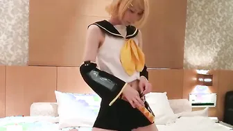 Japanese crossdresser in cosplay costume masturbates and cums