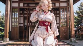 Blonde Kimono Girl's Shrine Secret! Kneeling Under the Torii Gate in a Beige Modified Kimono