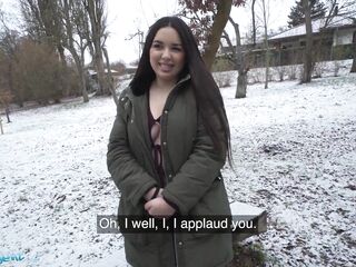 Public Agent Spanish Brunette hair Hair Flashes Big Natural Breasts in the Snow