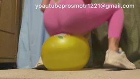 Nastya in sneakers, crushing a fitness ball, jumping on it, and destroying it. Sneakers Crush fetish Inflatable ball