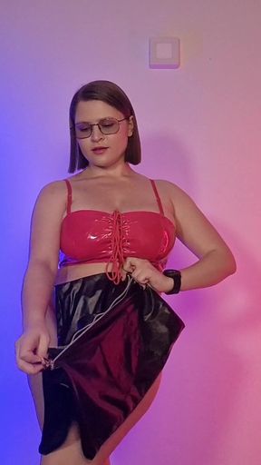 Latex and Leather Mini Skirt Try-on: Shiny Fits on Curvy Body