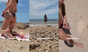 Shemale exhibitionist strokes massive cock on the beach for public cum