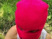 Ski mask girl sucks strangers cock in the woods