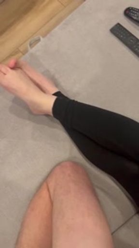 small cumshot on her leggings while watching tv