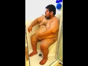 Superchub Squeezing himself in a tiny walk in shower with a built in seat