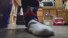 Chrissy fun socks in kitchen