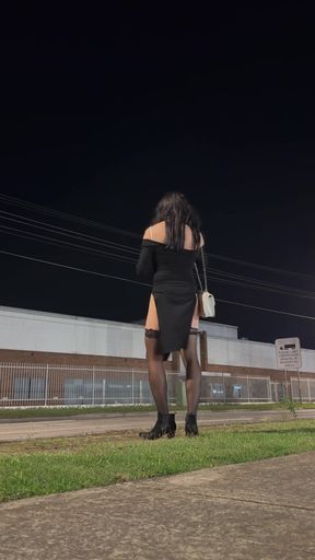 Asian cross dresser hooker plays with ass on a public street