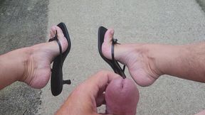 Big Cock, Pretty Bare Feet, Heels and Cum Outside