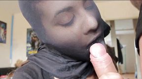 Black nylon shinny blue pantyhose and mask blowjob