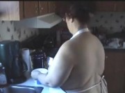 BBW wearing apron topless baking cookies in kitchen licks nips - Not HQ