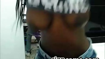 Ebony teen likes to show her big boobs, with pleasure, while her boyfriend is watching