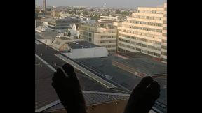 Public horny masturbation at hotel window