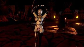 Gothic dominant Pinhead female in BDSM costume dancing solo in dungeon