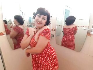 Pinup playgirl has no pants in front of mirror Retro Vintage Stripped maid Housewife
