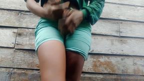 Desperate for a Pee Bouncing in Green Short Weeing Outdoors