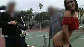 My shameless brunette bitch exposes her goodies on tennis court
