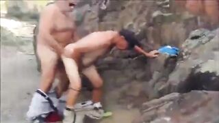 Hairy guys take turns fucking outside with big dicks and cumshots galore