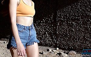 Big natural tits Russian redhead Heidi Romanova strips naked on the beach
