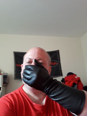 Sexy leather gloves handjob