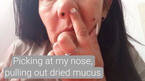 Picking at my nose, pulling out dried mucus