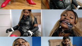 Submissive Ebony beauty chair bound in leather and bandana cleave gagged (mp4)