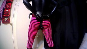 Sissys chastity belt, cage and big dildo