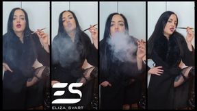 Smoking a Marlboro gold 100 with a cigarette holder in all black