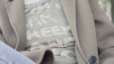 Teasing my husband in a sheer shirt exposing big pierced nipples in oudoor coffee place