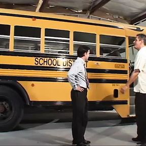 Blond student in pigtails gets fucked by two dudes in the school bus garage