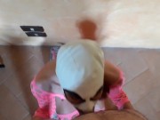 Wearing pink fishnet catsuit and pink platform ankle boots. Rough POV blowjob