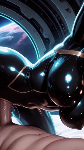 Sexy Space Girl in Tight Latex Gets Deepthroated and Massive Facial in Futuristic Room