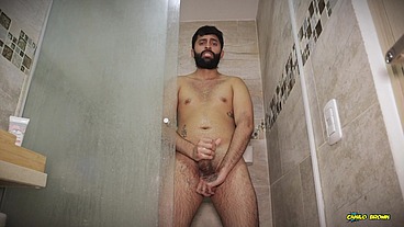 Hot Big Uncut Cock Daddy Camilo Brown Edging In The Shower And Shooting His Cum