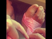 Binding my feet and ankles with pink latex bondage tape for the first time - Male feet - Manlyfoot