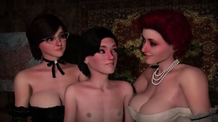 The guy was very happy when he felt the second dickgirl's cock - 3d Futanari threesome where two Mommies fucks one guy and cum on face