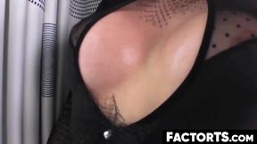 FactorTS.com - Busty shemale stuffs huge pink dildo deep inside
