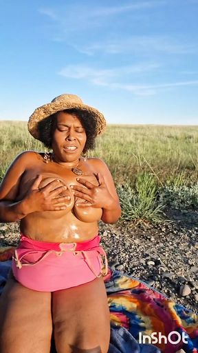 DRONE CATCHES  BLACK BBW MASSAGING HER BODY IN NATURE