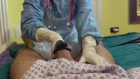 Nurse milkes her caged patient until he cum on her gloves