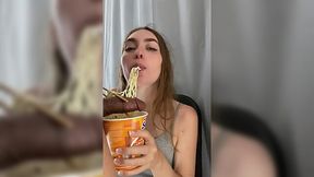 Cup of cock and ramen noodles for a pretty blonde with a gifted mouth