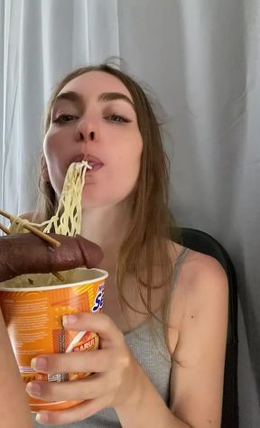 Cup of cock and ramen noodles for a pretty blonde with a gifted mouth
