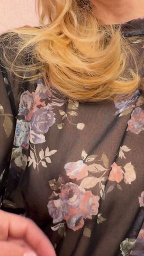 Trying my new sheer blouse in a caffe, showing my hard pierced nipples in public.   Clip 1