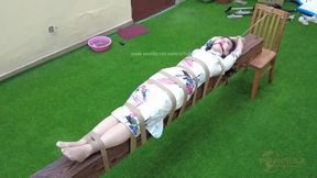 chinese girl gagged and rope bondage on a flat bench