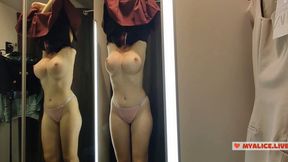 Seducing you in a fitting room. Sexy try on transparent clothes with MycandyAlice in fitting room. Naked girl in public place