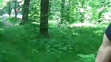 A bench in the public park is great place for this exibitionistic brunette to fuck on