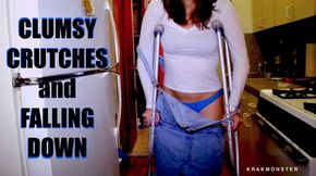 CLUMSY  CRUTCHES and FALLING DOWN  college girl in OVERALLS