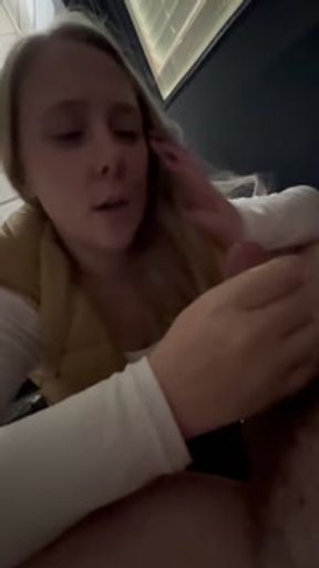 Dirty talking slut gags on dick on patio outside