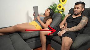 Stepmom plays with her stepson's cock during online class