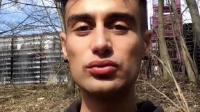 Chewing and Swallowing Own Cum Outdoor