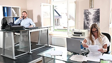 Slutty Secretary Eveline Dellai Enjoys Interracial DP Threesome With Her Bosses GP2901