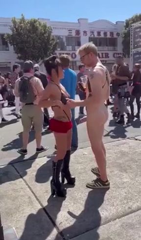 Slim couple flashes big cocks in public