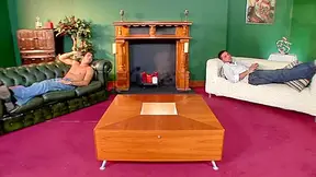 Two horny studs banged this small breasted whore in spex